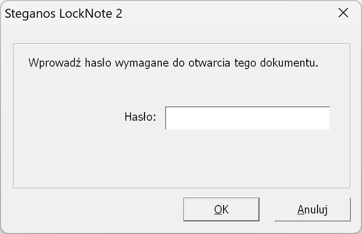 Pytanie o hasło w Steganos LockNote 2